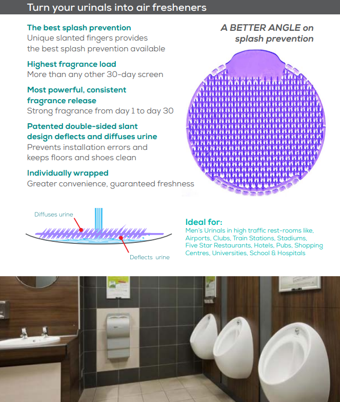 Slant 7 Flat Urinal Screens Turn Urinals to Air Fresheners