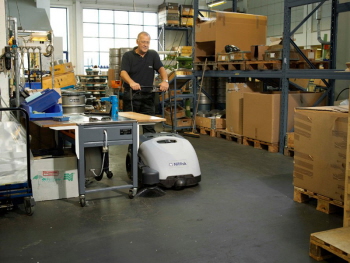 Nilfisk SW750 Battery Operated Walk Behind Sweeper Use 1